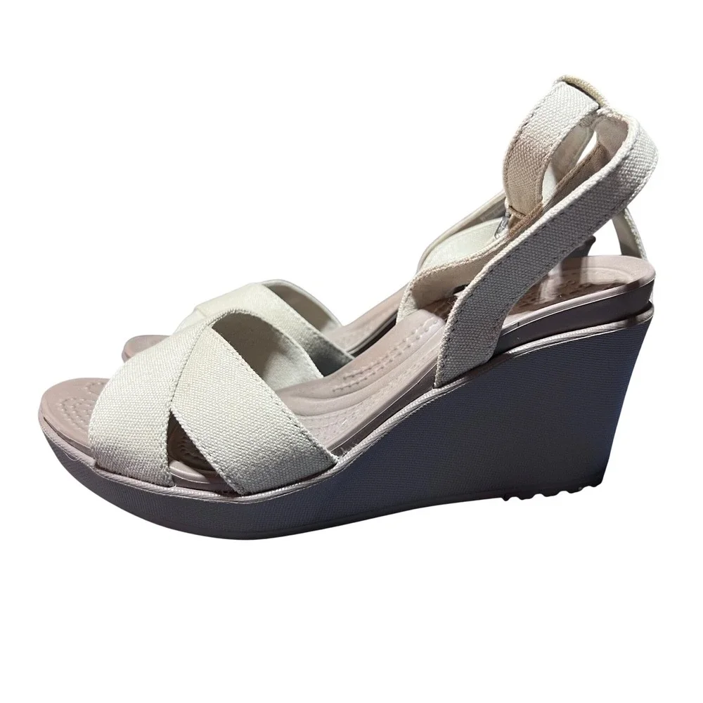 Crocs Leigh II Ankle Strap Wedge Sandals Oatmeal Mushroom Canvas Womens 5